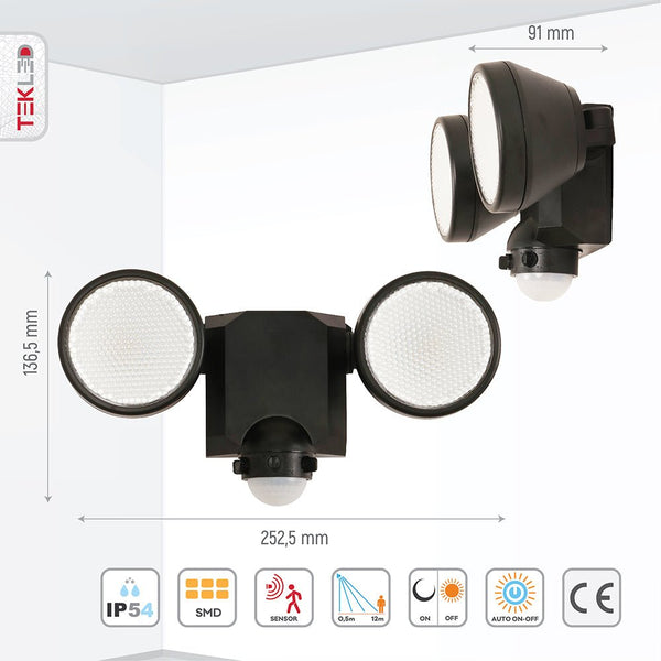 Wall-E Double Head Security Floodlight with PIR Sensor 20W Cool White 4000K