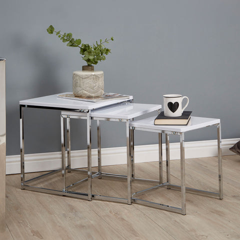 Matte White Top Nest of 3 Tables with Chrome Frame | Fulton