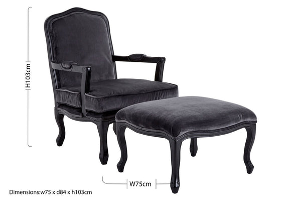 Rococo Grey Velvet Chair And Footstool