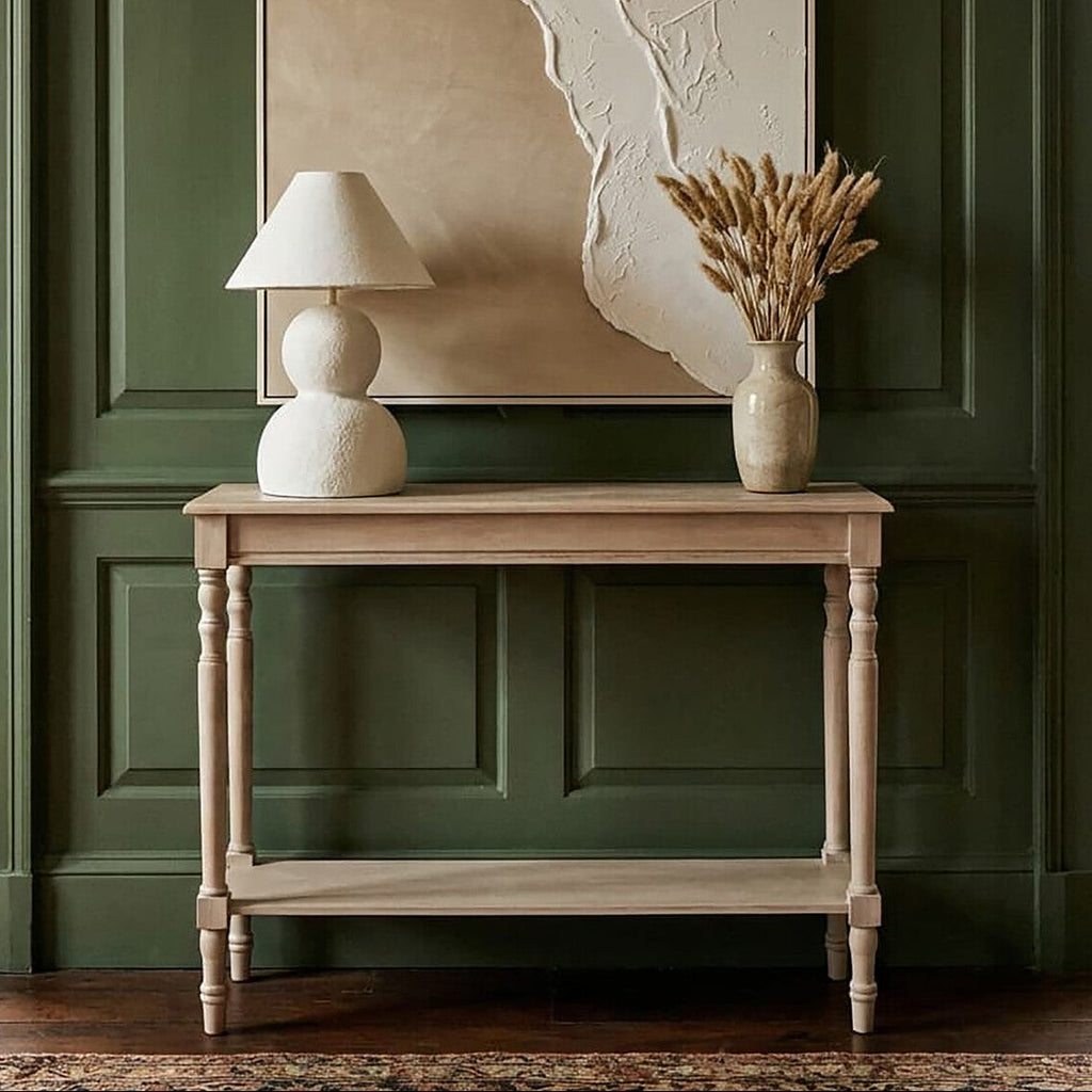 Grey Wooden Console Table with Spindle Legs and Bottom Shelf | Heritage