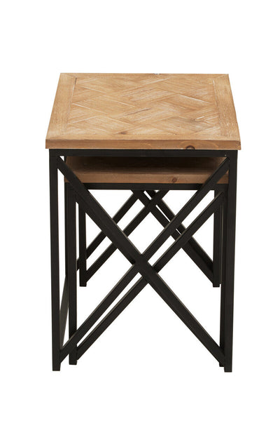 Natural Parquet Fir Wood Set of Two Nesting Tables with Black Metal Frame | Kickford
