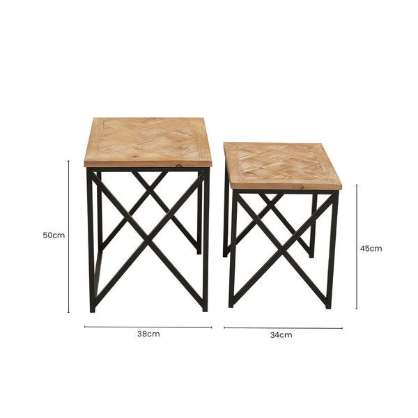 Natural Parquet Fir Wood Set of Two Nesting Tables with Black Metal Frame | Kickford