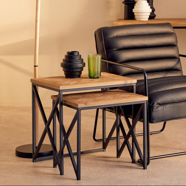 Natural Parquet Fir Wood Set of Two Nesting Tables with Black Metal Frame | Kickford