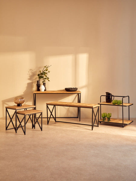 Natural Parquet Fir Wood Set of Two Nesting Tables with Black Metal Frame | Kickford