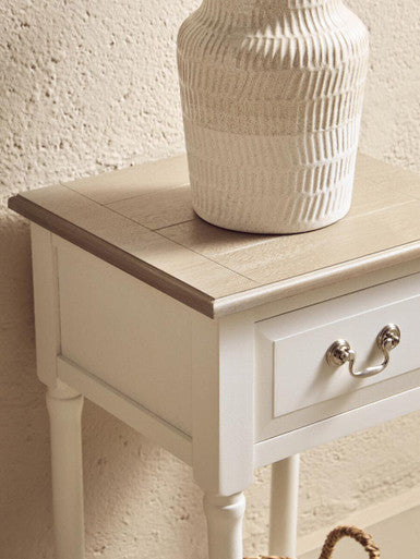Natural Wooden Frame and White 1 Drawer Wooden Side Table with Lower Storage Shelf | Heritage
