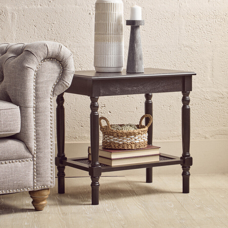 Antique Black Wooden Side Table with Cane Webbing Detail and Carved Spindle Legs | Heritage