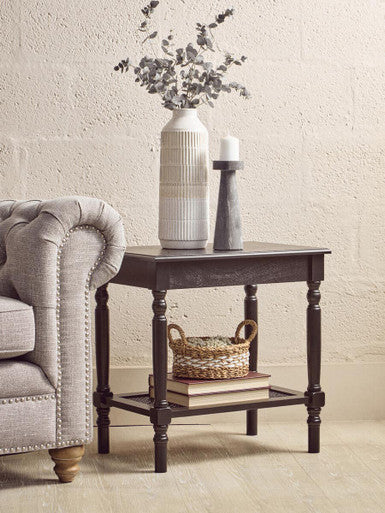 Antique Black Wooden Side Table with Cane Webbing Detail and Carved Spindle Legs | Heritage