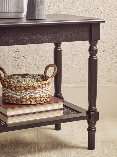 Antique Black Wooden Side Table with Cane Webbing Detail and Carved Spindle Legs | Heritage