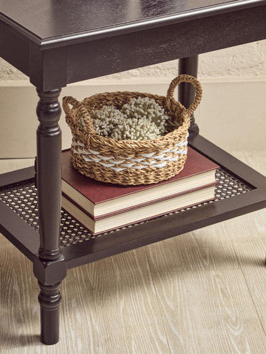 Antique Black Wooden Side Table with Cane Webbing Detail and Carved Spindle Legs | Heritage