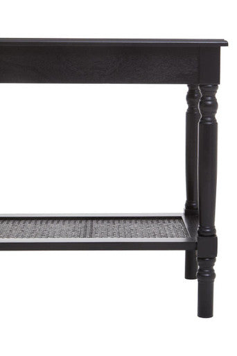 Antique Black Wooden Side Table with Cane Webbing Detail and Carved Spindle Legs | Heritage
