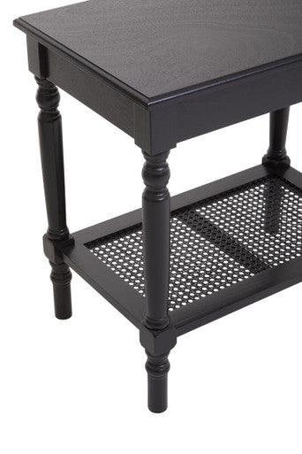 Antique Black Wooden Side Table with Cane Webbing Detail and Carved Spindle Legs | Heritage