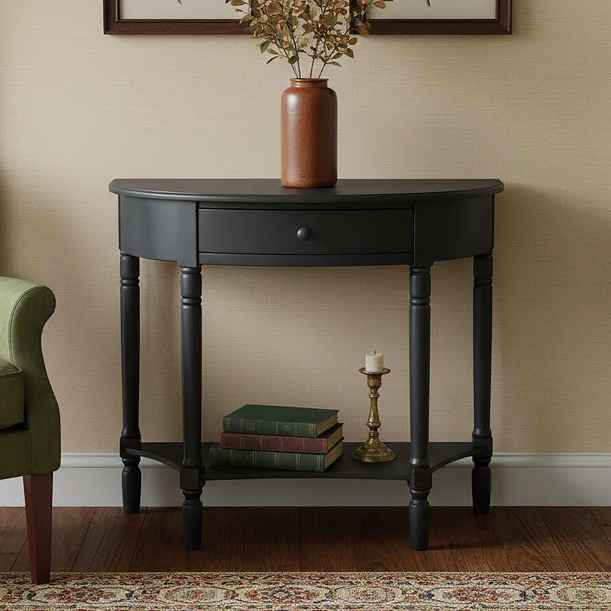 Heritage Black Wooden Half Moon 1 Drawer Console Table with Lower Shelf