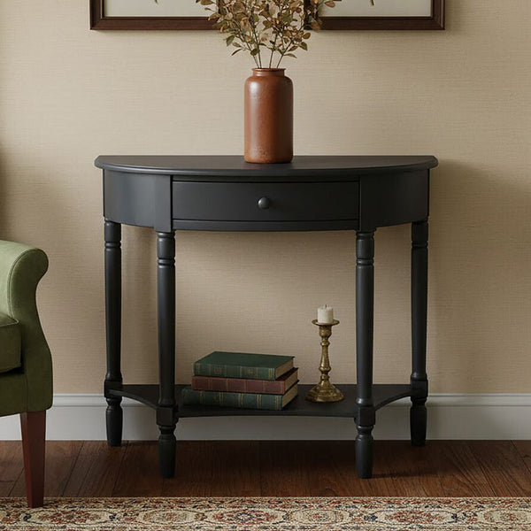 Heritage Black Wooden Half Moon 1 Drawer Console Table with Lower Shelf