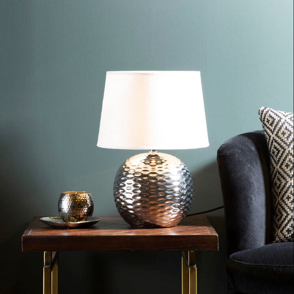 Amiya Silver Ceramic Table Lamp with Beige Fabric Shade