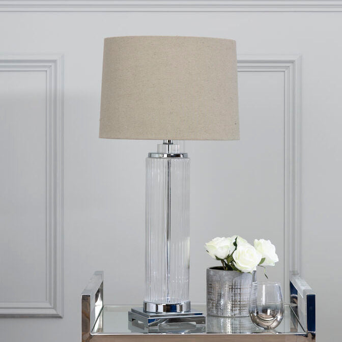 Alona Clear Glass Table Lamp with Stone Linen Shade