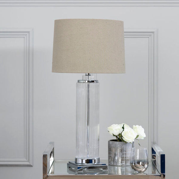Alona Clear Glass Table Lamp with Stone Linen Shade