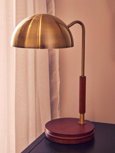 Antique Brass Finish Task Lamp with Wood Base | Sydnee
