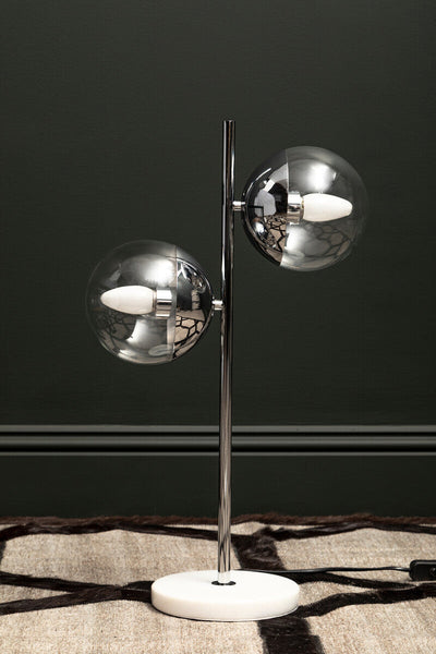 Two Light Chrome and White Marble Table Lamp | Revive