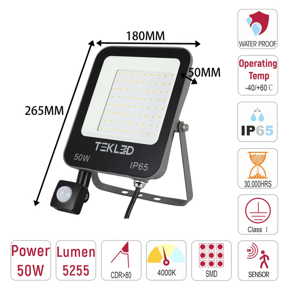 50W Black LED Floodlight PIR Motion Sensor IP65