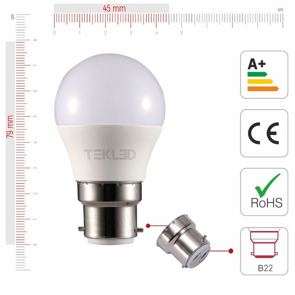 TEKLED
Ursa LED Golf Ball G45 B22 Bayonet Cap 5W Pack of 6 - 2700K Warm White, Cool white or Cool Daylight.