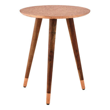 Boho Copper Finish Carved Metal Top Side Table