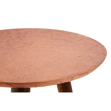 Boho Copper Finish Carved Metal Top Side Table