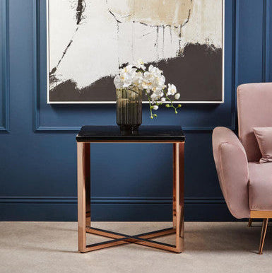 Square Black Faux Marble End Table with Champagne Gold Metal Legs | Allure