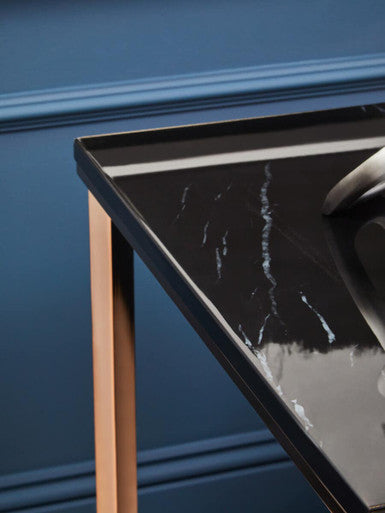 Square Black Faux Marble End Table with Champagne Gold Metal Legs | Allure