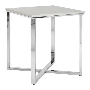 Square White Faux Marble End Table with Silver Chrome Metal Legs | Allure