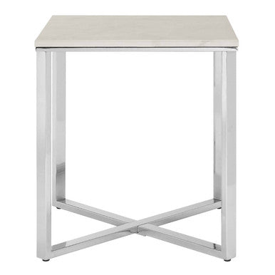 Square White Faux Marble End Table with Silver Chrome Metal Legs | Allure
