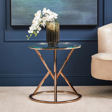Rose Gold Stainless Steel Base Round End Table with Tempered Glass Top | Allure