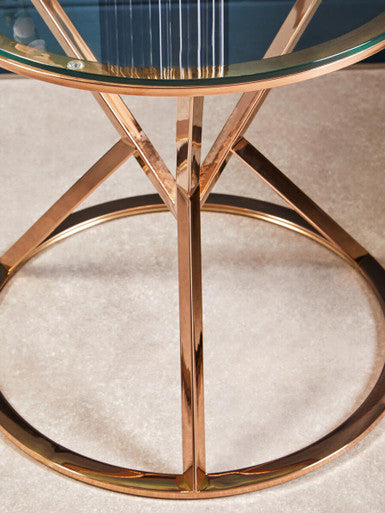 Rose Gold Stainless Steel Base Round End Table with Tempered Glass Top | Allure