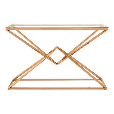 Corseted Rose Gold Steel Base Console Table with Tempered Glass Top | Allure