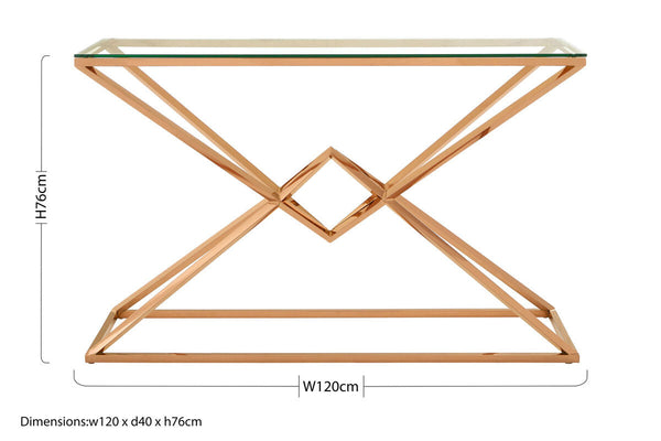 Corseted Rose Gold Steel Base Console Table with Tempered Glass Top | Allure