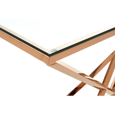 Corseted Rose Gold Steel Base Console Table with Tempered Glass Top | Allure