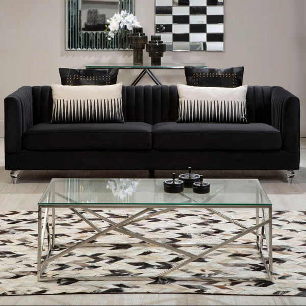 Rectangular Tempered Glass Top Coffee Table with Champagne Gold Geometric Steel Legs | Allure