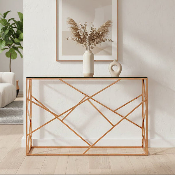 Rose Gold Stainless Steel Geometric Console Table with Tempered Glass Top | Allure