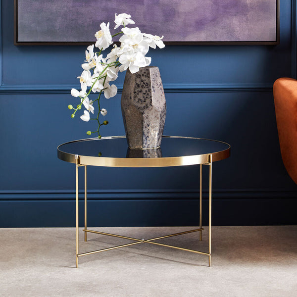 Allure Black Mirrored Glass Large Side Table with Brushed Bronze Finish Legs