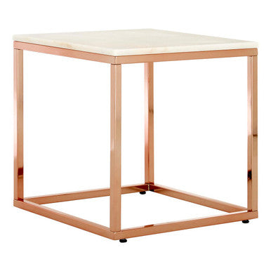 Square White Marble Top End Table with Rose Gold Metal Frame | Allure