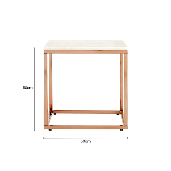Square White Marble Top End Table with Rose Gold Metal Frame | Allure