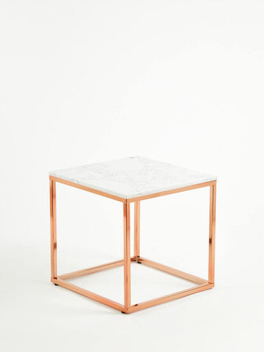 Square White Marble Top End Table with Rose Gold Metal Frame | Allure