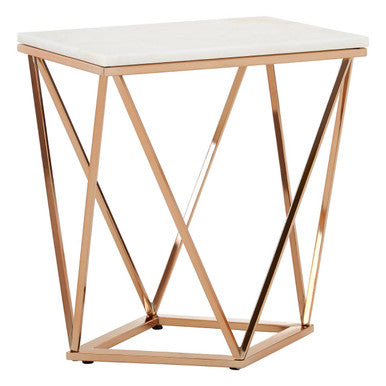 White Marble Champagne Rectangular End Table with Rose Gold Metal Frame | Allure