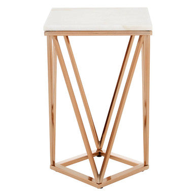 White Marble Champagne Rectangular End Table with Rose Gold Metal Frame | Allure