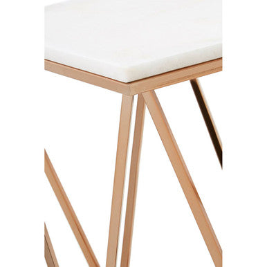 White Marble Champagne Rectangular End Table with Rose Gold Metal Frame | Allure
