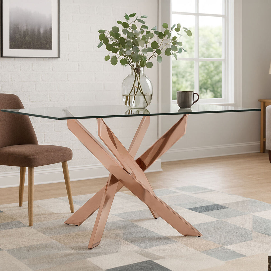 Allure Rose Gold Finish Rectangular Dining Table with Clear Glass Top