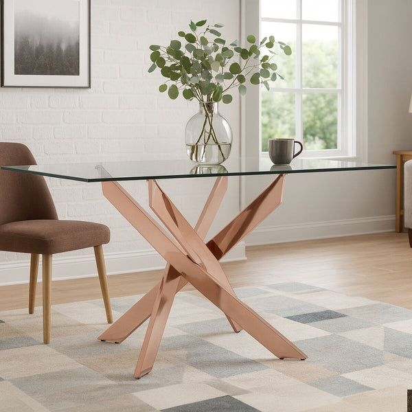 Allure Rose Gold Finish Rectangular Dining Table with Clear Glass Top