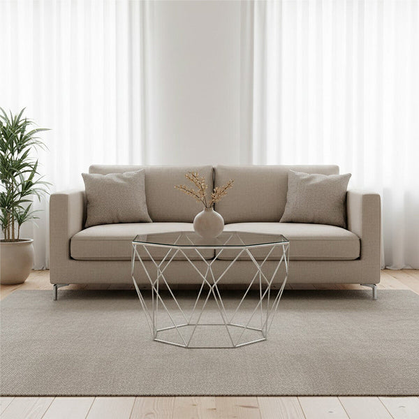 Tempered Glass Top Octagonal Coffee Table with Silver Metal Base | Shalimar