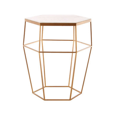 Hexagonal White Marble Top Side Table with Gold Iron Wireframe Base | Shalimar