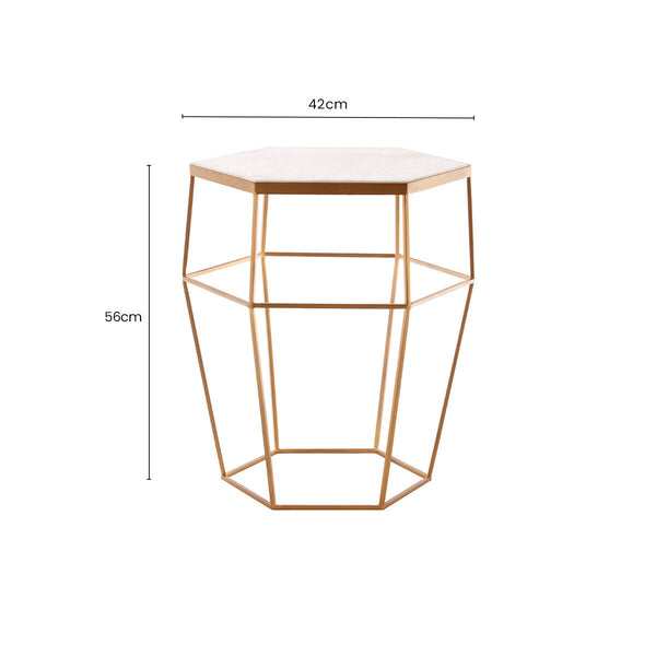 Hexagonal White Marble Top Side Table with Gold Iron Wireframe Base | Shalimar