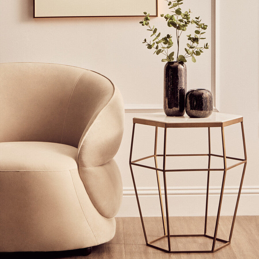 Hexagonal White Marble Top Side Table with Gold Iron Wireframe Base | Shalimar